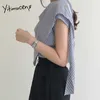 yitimuceng不規則ブラウス女性特大ストライプシャツ韓国のファッション半袖ライトブルーダークブルートップス夏210601