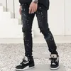 Mężczyźni Stretch Slim Fit Malowane Czarne Dżinsy High Street Boaned Biker Dżinsowy Spodnie Duży Rozmiar Motocykl Męskie Spodnie Hip Hip Męski