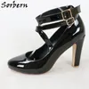 Sorbern, zapatos de vestir negros brillantes para mujer, zapatos de tacón alto con punta redonda Vintage, tacón grueso, varios colores