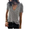 여성용 T 셔츠 Leosoxs 여름 섹시한 깊은 V 목 프릴 탑스 T 셔츠 2021 패션 캐주얼 격자 짧은 슬림 Ladeis 플러스 크기