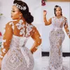 2021 ASO EBI Champagne Zeemeermin-huls Trouwjurken Bruidsjurken Juweel Hals Lange Mouwen Witte Kant Applicaties Kralen Corset Back Robe de Mariée