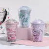 Summer Ice Cup Blue Pink Purple Water Bottle With Lid and Straws 600ml Outdoor Water Drinkware CG001