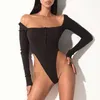 Schwarz Schulterfrei Sexy Bodysuit Frauen Langarm Slash Buttons Bodycon Strampler Damen Jumpsuit Solide Sommer Body Suit 210607