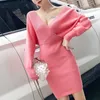 PERHAPS U Pink Batwing Sleeve Long Sleeve Solid V Neck Pullover Sweater Sexy Elegant Party Mini Short Dress Spring Autumn D0875 210529
