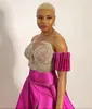 Crystal Crystal Fuchsia Robes formelles du soir de l'épaule plus taille arabe aso ebi africain haute fente Prom Réception Robe Vestido de Fiesta 0420