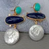 Geometric Natural Sodalite Cultured White Coin Pearl Turquoise With Electroplated Edge Stud Earrings For Women