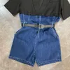 Fabbpop Summer Design Short Short Shortom Wort Down Collar High Waist Denim Playuits Women con cintura GB417 210709