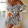 Vache Imprimer Robe Courte À Lacets Élégant Parti V Cou Robes D'été Femme Lâche Printemps Sling Robes Robes 2XL Robe De Grande Taille Y1006