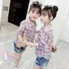 Blouses voor meisjes plaid patroon blouse meisje zakken kinderen casual stijl schooluniform 210527