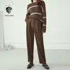 Fansilanen automne hiver costume plissé pantalon décontracté streetwear pantalon lâche femme droite taille haute bas 210607