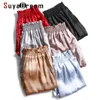 SUYADREAM Women Pants 100%Real Silk Satin Solid Elegant Pants OL Ankle-Length Pants Office Lady Spring Summer 210603