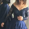 Sukienka na studniówkę ciemnoniebieskie sukienki wieczorowe w rozmiarze plus satynowe koronki z ramion długie rękawy A-line specjalne sukienki przy imprezie OCN