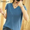 Женщина футболки для женщин летом V-образным вырезом трикотажные футболки женщины базовые черные хлопковые футболки женские футболки с коротким рукавом 210306