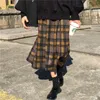 Vintage plaid geplooide lange rokken hoge taille winter vrouwen Koreaanse wollen rok streetwear trekkoord elastische taille midi rok 210311