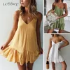 Lossky Solta Vestido de Verão Algodão Sexy White Halter V-Pescoço Ruffled Mulheres Casual Espaguete Strap Mini Beach Roupas para Mulheres 210316