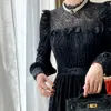 Retro Velvet Lace Long Sleeve Dress French Puff Women Designer Midi Spring High Waist Lady Wedding Party 210604