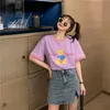 女性用Tシャツ香港スタイル半袖女性2022夏の韓国BF学生ルースベアプリントハーフトップ