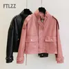 Motorfiets biker jas vrouwen Koreaanse straat punk lederen jas dames grote zak rits roze lederen jas vrouwelijke pvc uitloper 211007