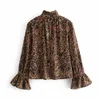 Women Shirt Leopard tryckt långa ärmar Ruffled Topps Casual Fashion High Street Chic Vintage Women Shirts 210709