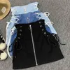 Denim A-line lace-up skirt front ring zipper fashion empire mini skirt bottoms 210621