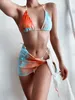 Halterneck Bikini Drawstring Lace-up Purple Tie Dye Top Three Piece Swimsuit Summer Lady Sexy Low Waist Bodysuit 210604