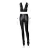 Faux Cuir Deux Pièces Costumes Femmes Clubwear Sans Manches Coupe Basse Débardeur Taille Haute PU Leggings Ensembles Lady Noir 211105