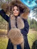 Kurtka zimowa Kobiety Prawdziwe Fur Coat Long Parka 7XL Natural Raccoon Fur Collar Odzieży Streetwear Casual Oversize 211019
