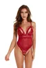 Sexy Głębokie Dekolt Przezroczyste Kwiatowe Koronki Body Body Women Red See-przez Przez Kombinezon Bielizna Erotyczna Teddy Sleepwear 211208
