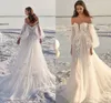 Кружевное свадебное платье 2021 с плеча пляж простой с длинным рукавом на заказ длина пола белый тюль свадебные платья