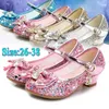 Princess Kids Leather Shoes for Girls Flower Casual Glitter Children High Heel 2020 Girls Shoes Butterfly Knot Blue Pink Silver X0719