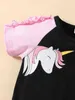 Baby Unicorn Print Color Block Raglan Sleeve Frill Trim Romper SHE