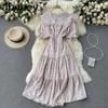 Kvinnor Korean Sweet Floral Dress Turndown-Collar Bow A-Line Dresses Summer Bohemain Print Vacation Midi Dress 210715