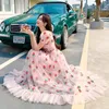 Strawberry dress Sequined Embroidery Cascading Ruffle Maxi Dress Women summer V-neck Puff Sleeve Bow Pink Tulle Mesh Long Dress 210303