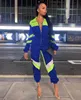 Kvinnor Neon Green Black Color Block Långärmad sport Jumpsuit Autumn Winter Fashion Casual Zip Overall Rampers 210709