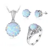 Luxuriöse milchig weiße Silber-925-Sets für Frauen, runder Opal-Ring, Ohrringe, Halskette, Blumen-Design, Hochzeitsschmuck-Set