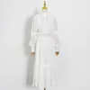 Белое элегантное платье для женщин стойки воротник фонарик с длинным рукавом высокая талия поясняет тонкую линию Maxi платья женская весна 210531