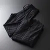 Minglu Mens Set JacketSpants Luxury Tjock Garn färgad PLAID Stand Collar Man Coats Plus Size 4XL Elastic Midje Male Pants 201210