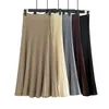 SETWIGG Womens Autumn Draped Rib Pleated Long Knitted Skirt Elegant Winter Wool Blend Aline Long Knit Skirt Elastic Waist 210306