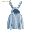 Hoodies Rabbit Ear Sudadera Kawaii Sweatshirt Kvinnor Vinter varma rosa huvtröjor med framficka 80816 201210