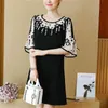 Fashion Patchwork Floral Lace Chiffon Dress Flare Short Sleeve Black Summer Casual Plus Size Dress Women Elegant 2724 210527