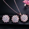 Merk Clear White CZ Crystal Rose Gold Color Flower Oorbellen en Ketting Sieraden Set voor Dames Mode Gift T179 210714