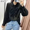 Zevity Donne Fashion Pleated Sleeve Patchwork Black Smock Blusa Camicetta Ufficio Lady Ruffles Chiffon Camicie Chic Blusas Tops LS7687 210603