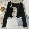 Women's Suit Lace Stitching Short Single-breasted Long-sleeved Thin Knit Top with Printed Sling Apron 210709