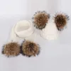 Zima Girl Pom Groń Ciepły Dzianiny Bubble Futro Hat and Scarf Set Dziecko Prawdziwe Raccoon Pon Skull