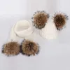 Winter Girl Pom Peas Warm Knitted Bubble Fur Hat and Scarf Set Child Real Raccoon Pon Skull