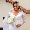 Aso Ebi White Lace Wedding Gowns Deep V Neck Long Sleeves Appliques Plus Size Mermaid Garden Country Bridal Dresses For African Women Robe De Marriage