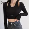 T-Shirt Femme Syiwidii 2 Pièces Ensemble Femmes Sexy Tops Kintted Manches Longues Crop Top T Shirt Halter Femme Tshirts Noir Blanc Élastique Slim Tee