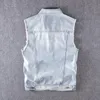 Men's Vests Vintage Light Blue Denim Vest Men Japanese Hole Ripped Slim Fit Sleeveless Waistcoat Cotton Single Breasted Summer Mens Phin22