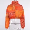 Viifaa Color Block Multicolor Print Fashion Cropped Puffer Jacket Winter Women Stand Collar Drop Shoulder Parkas Coat 211018
