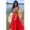 Sexy Red two pieces Evening Dress 2022 Backless halter Soft Satin high side split Prom Formal Gown Arabic Dubai Celebrity Wear Robe De Soiree Vestidos Noche